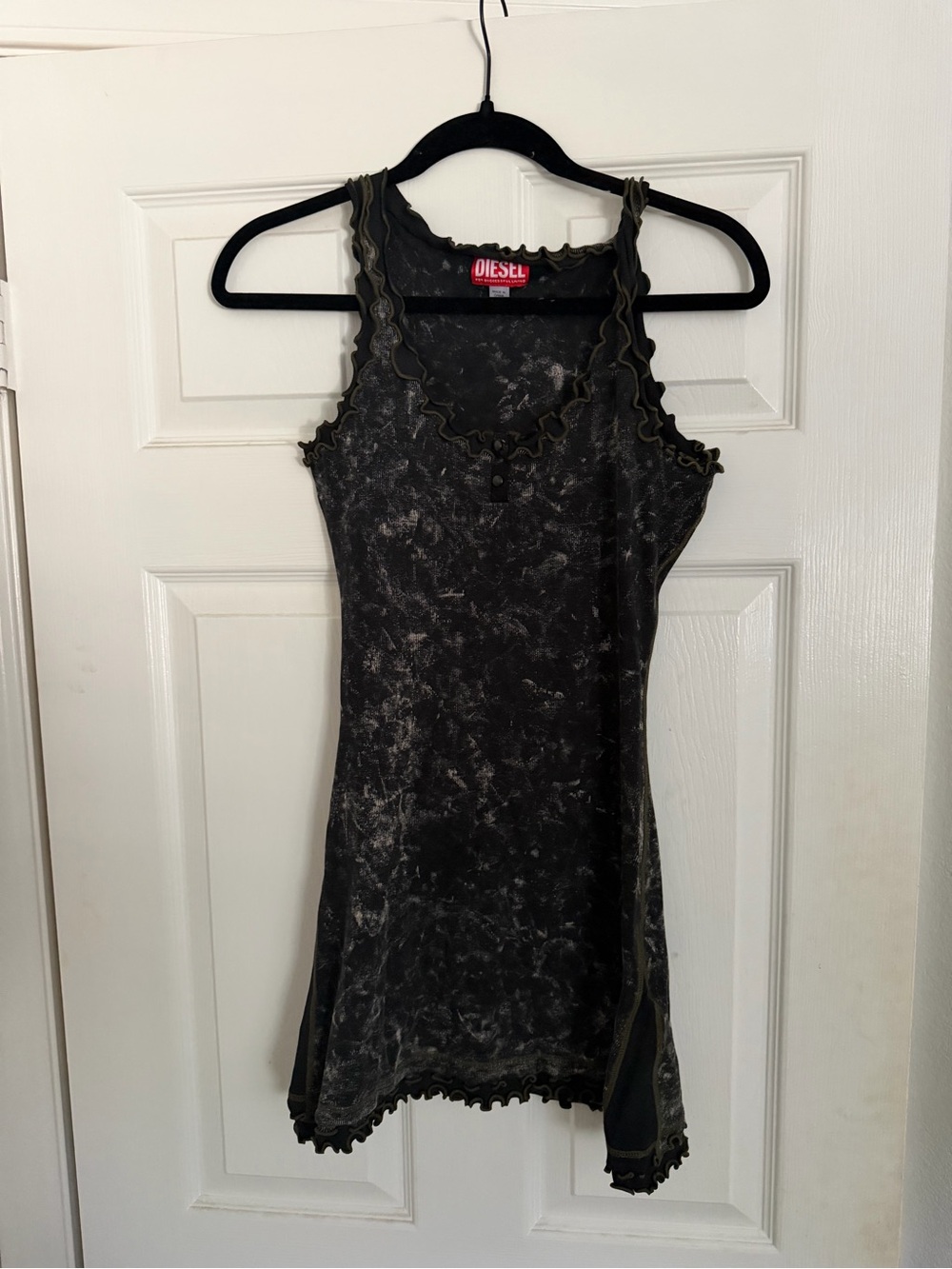 Diesel Black Marble-Effect Tank Mini Dress with Olive Trim